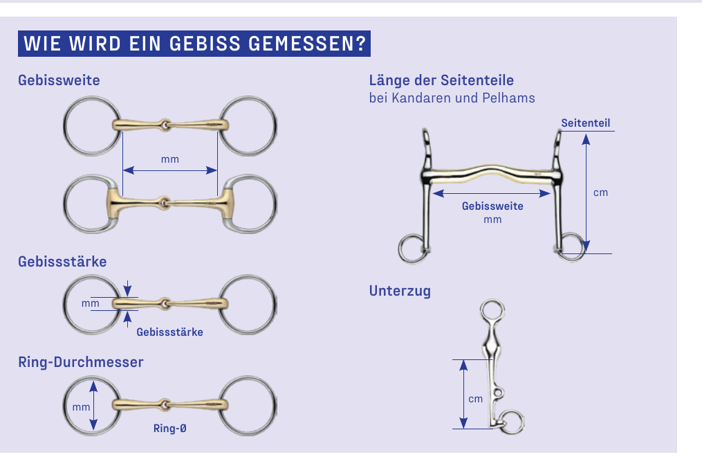 Wie wird ein Gebiss gemessen: Gebissweite, Gebissstärke, Ring-Durchmesser und Länge der Seitenteile